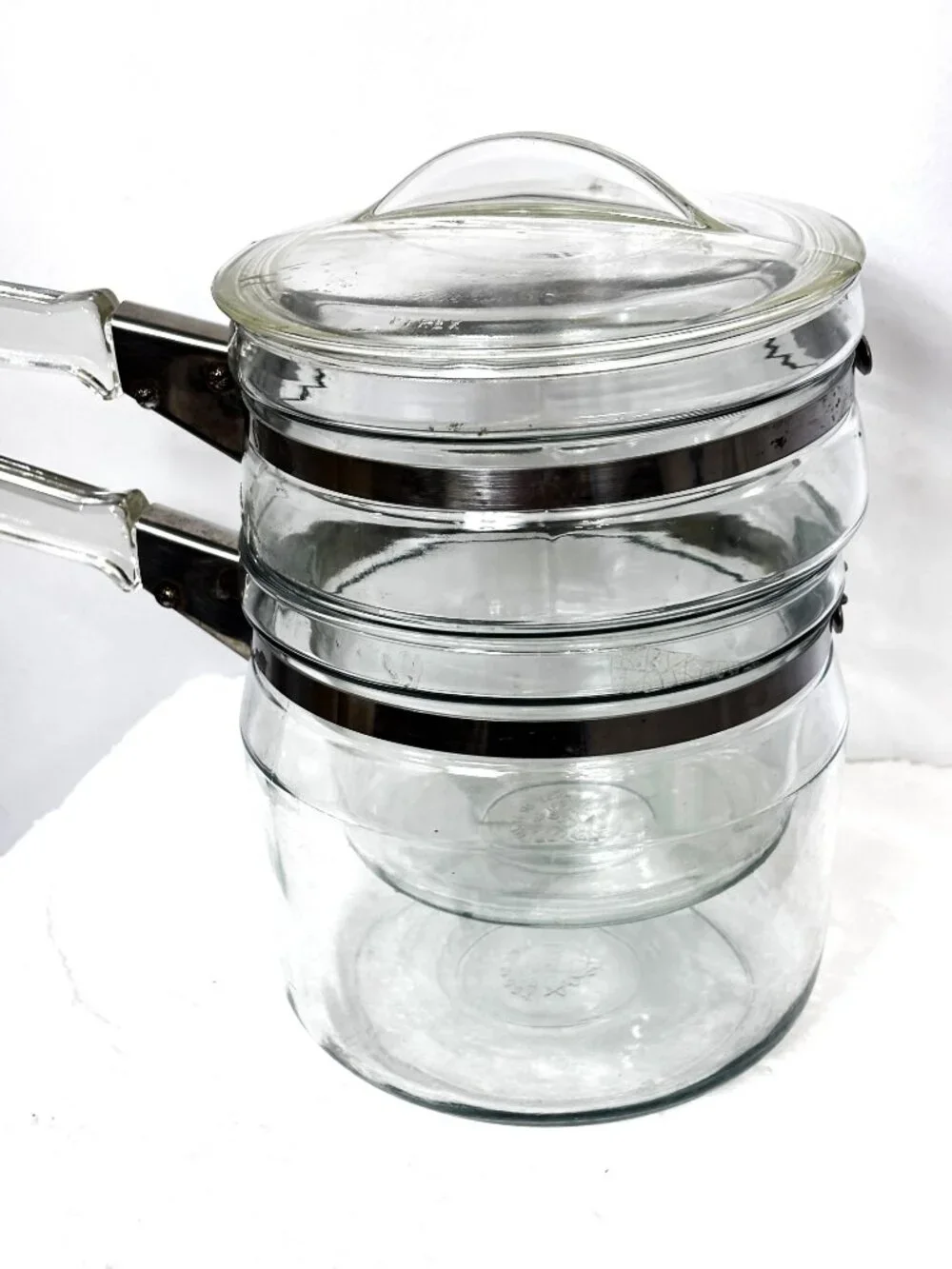 VTG PYREX  Flameware Glass Double Boiler Pot W/ Lid 1.5 Quart Three-Piece Set